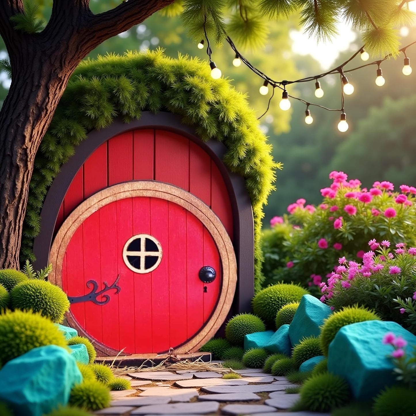 Red Fairy Garden Door for Trees, Outdoor Mini Garden Sculpture Ornament, Tree Trunk Fairytales Door Decoration