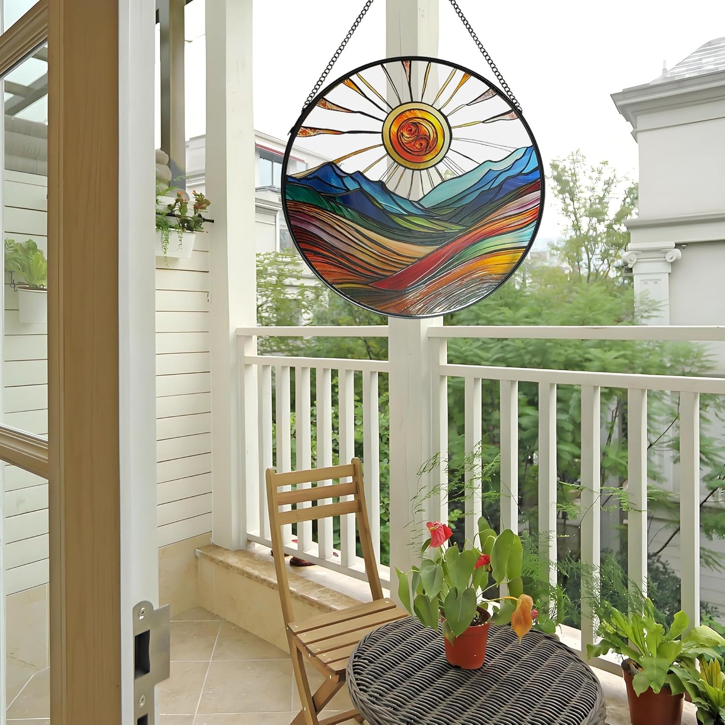Sun Mountains Stained Glass Window Hanging, 9.8’’Sun Catcher Glass Panel Boho Wall Art Decor with Chain, Hand Painted Round Glass Gifts for Couples, Housewarming Gift