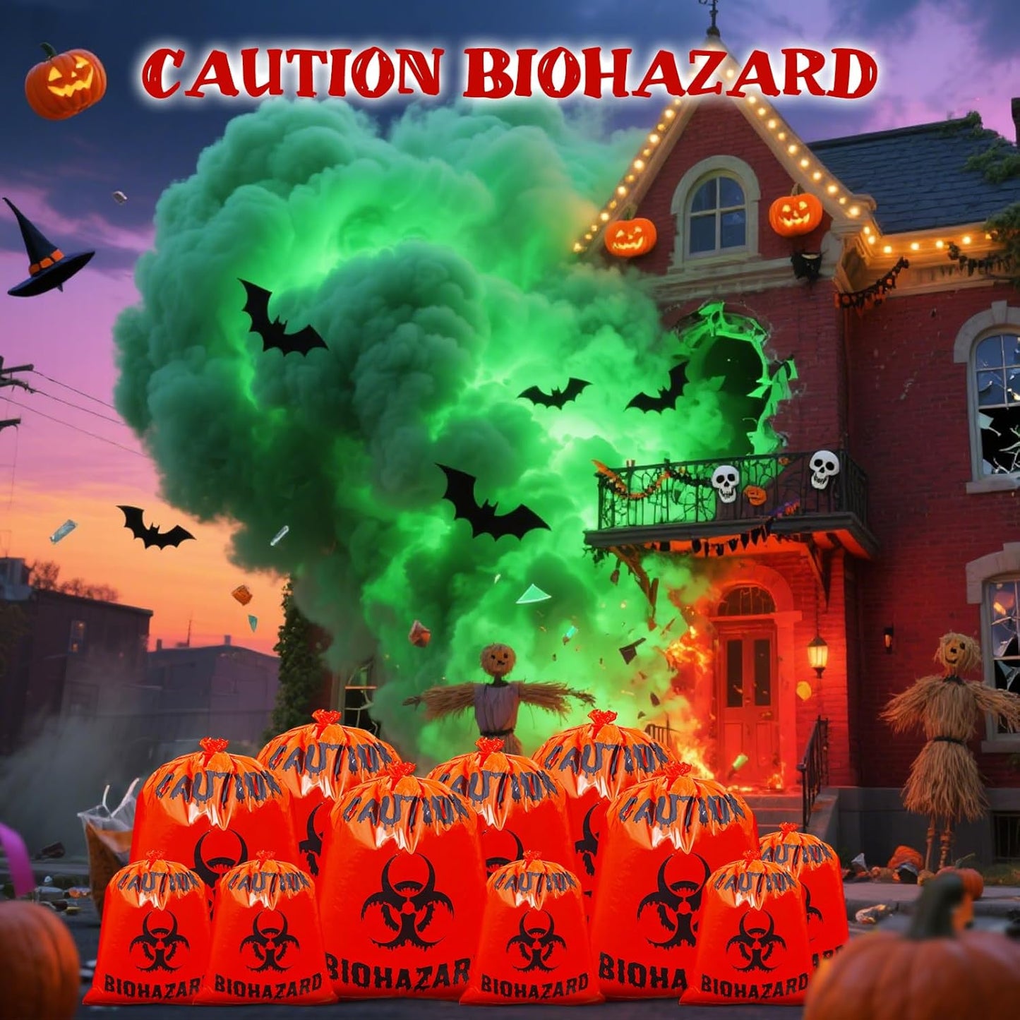 12 Pcs Large Halloween Leaf Bags Biohazard Halloween Decorations Halloween Trash Bags for Leaves Plastic Yard Lawn Waste Bags Scientist Biohazard Bags Outdoor Biohazard Zombie Party Decorations (Red)