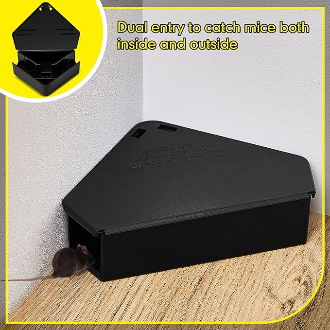 Qualirey 24 Pcs Mice Station with Key Triangle Bait Station Reusable Rodent Trap Box, Keeps Children and Pets Safe Indoor & Outdoor, Bait Not Included, Suitable for Small Mice (Black,Keys are Silver)