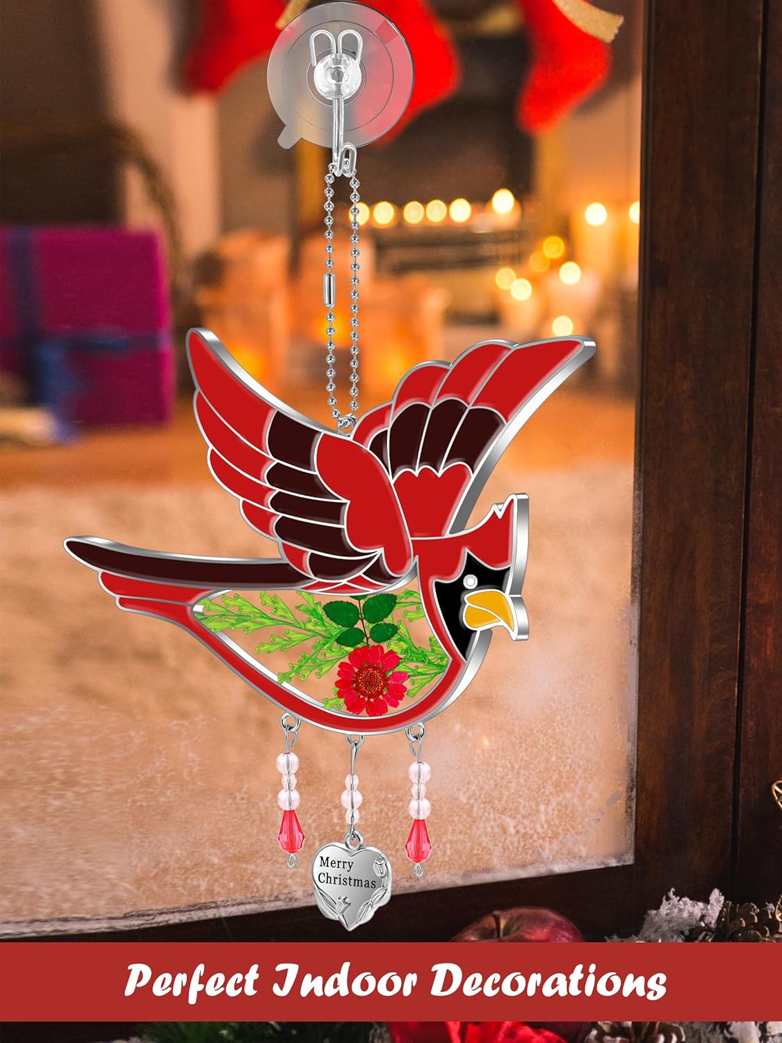 KY&BOSAM Cardinal Suncatcher Stained Glass Suncatchers for Windows Hangings Wind Chimes Ornament Pressed Real Flower and Metal Merry Christmas Heart Charm Christmas Decor Gifts for Mom Nana Birthday