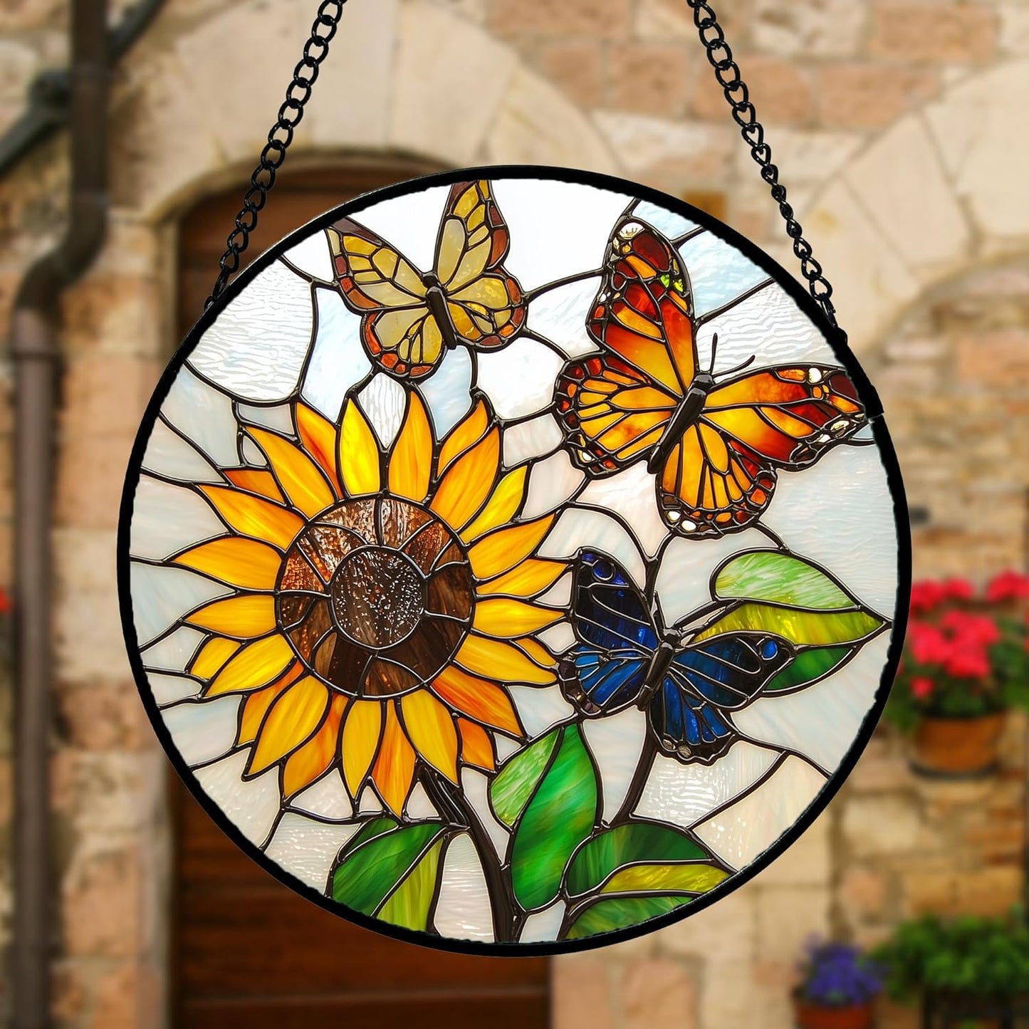 Stained Glass Window Hanging, Butterfly and Sunflowers Sun Catchers Glass Panel Plant Insects Suncatcher Decor for Birthday for Women, Men, Wife, Aunt, and Mom 9.8 in