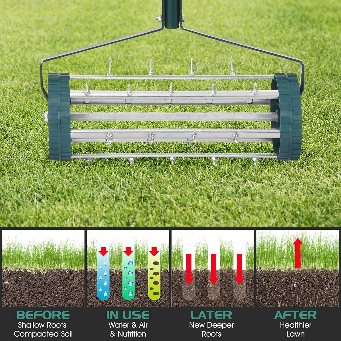 S AFSTAR 17-Inch Rolling Lawn Aerator, Spike Lawn Aerator Roller with 50-Inch Anti-Slip Handle & Tine Spikes, Garden Grass Lawn Soil Aeration Tool, Lawn Aerator Machine for Garden Patio Yard