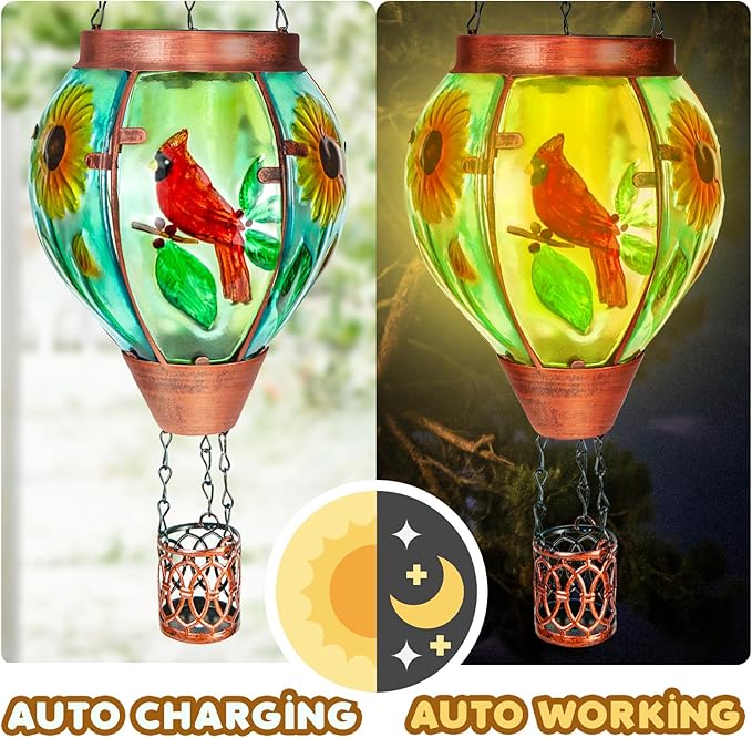 Solar Hot Air Balloon Lantern with Flame, Cardinal Glass Solar Hanging Lights Outdoor Yard Patio Farmhouse Decoration, Cardinal Gifts for Women Grandma Mom - Cardinal