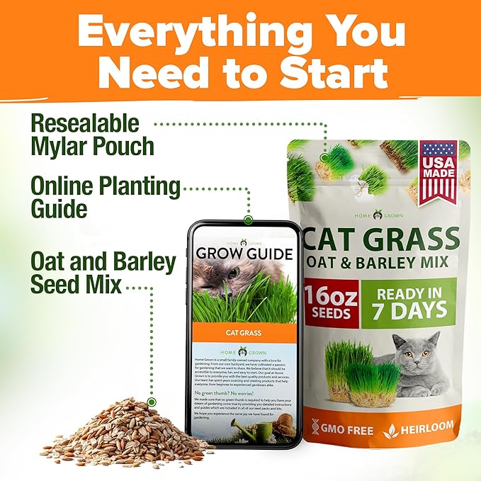 HOME GROWN π¨π¦π π£π₯ππ ππ¨π 1 Pound Cat Grass Seeds for Cat & Kittens Oat & Barley Mix 100% π‘π’π‘-ππ π’ Heirloom, Grow Fresh Kitty Grass for Chewing, Pet Grass for Cats Indoor Garden