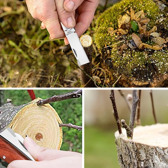 Garden Grafting knife,Stainless Steel Double Blades Rosewood Handle Pruning Knife,3 Grafting Tape Buddy Tape for Fruit Trees,Gardening Grafting Tool