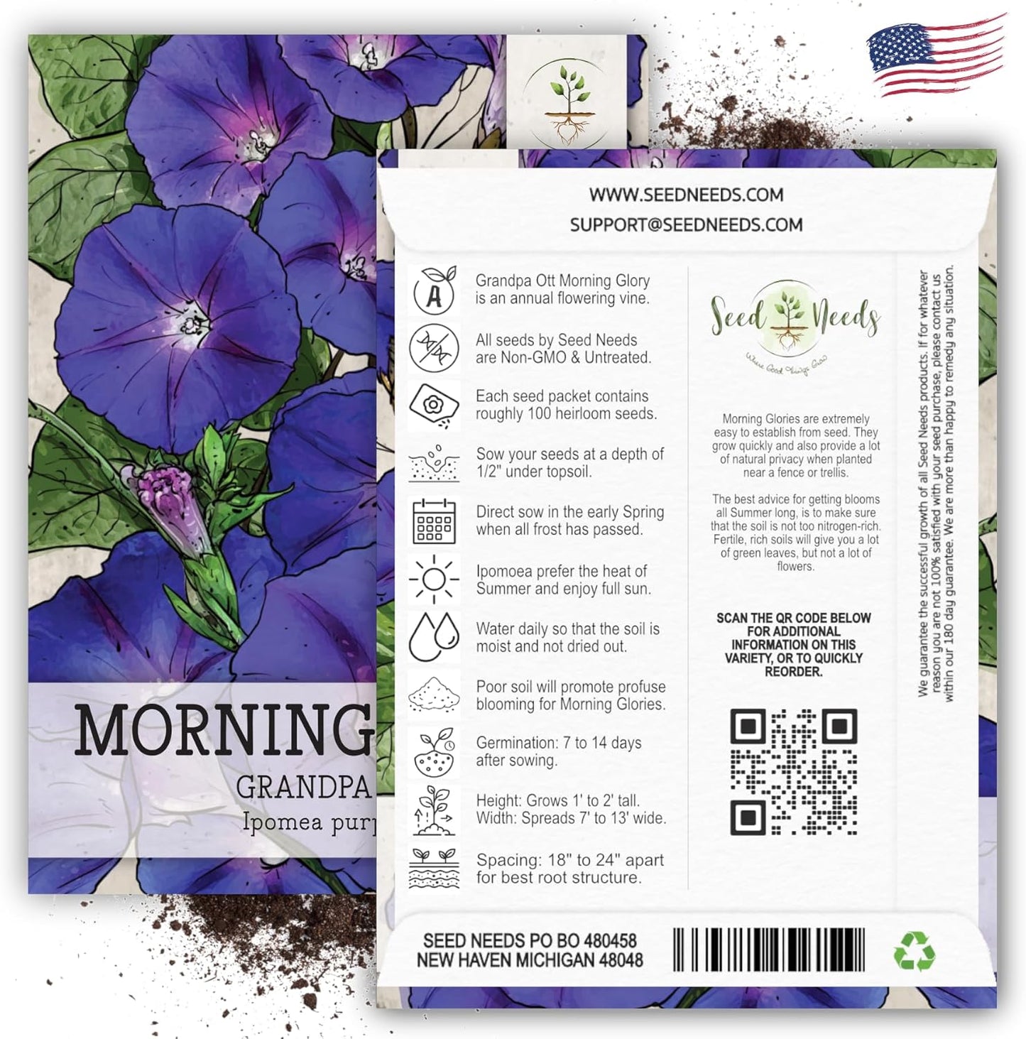Seed Needs, Grandpa OTT Morning Glory Seeds - 100 Heirloom Seeds for Planting Ipomea purpurea - Annual Blue/Violet Blooms, Flowering Vine for a Natural Privacy Fence (1 Pack)