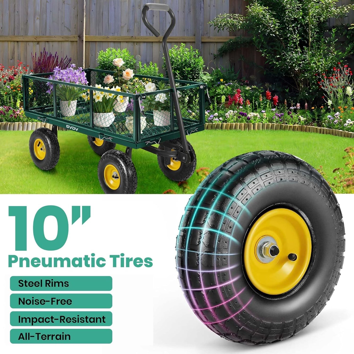 GVDV 660LB Garden Cart with Liner, Heavy Duty Steel Garden Wagon, Folding Utility Wagon with Removable Sides and 10" All-Terrain Wheels
