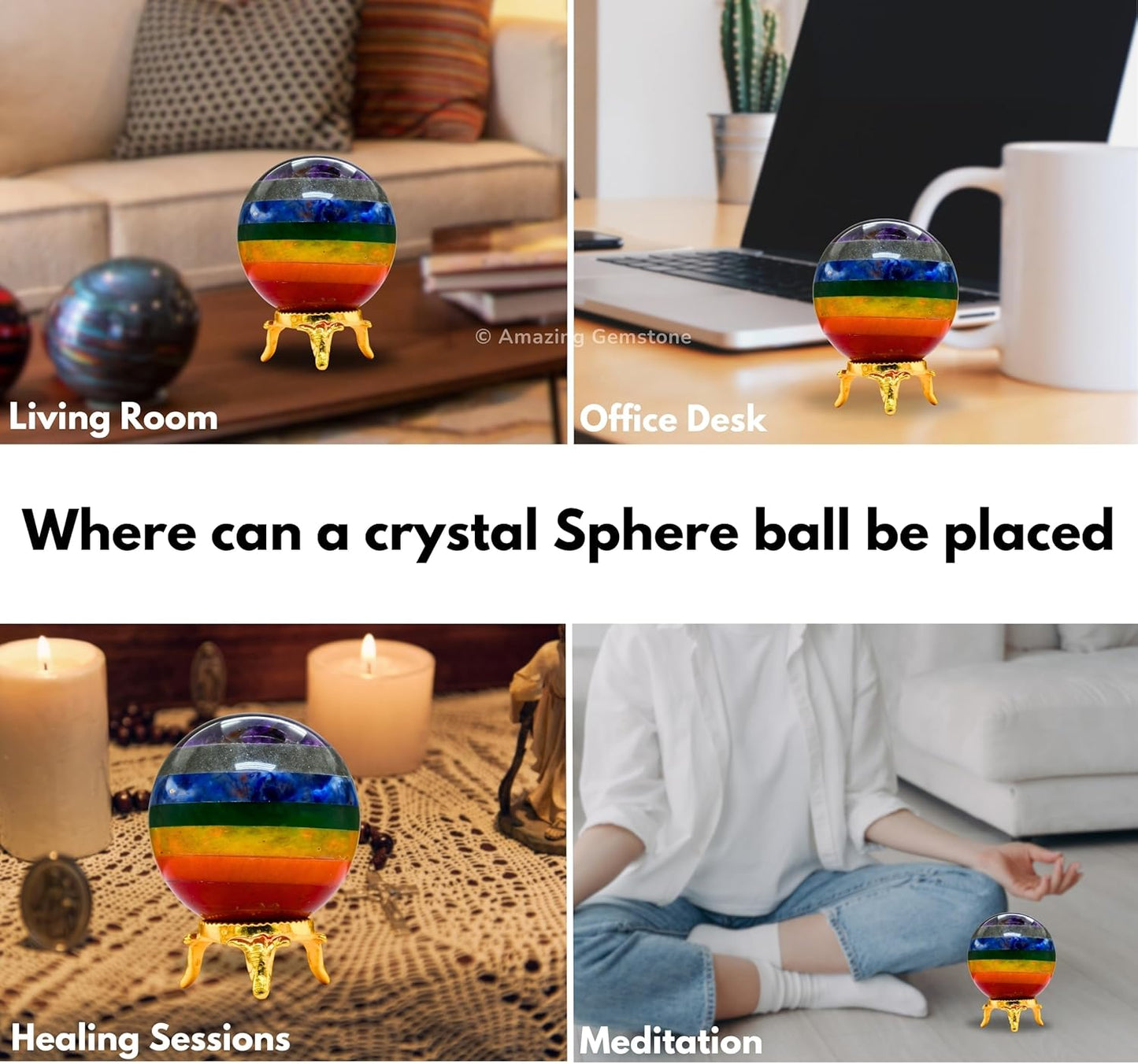 Amazing Gemstone Chakra Crystal Ball with Stand - 2 Inches Crystal Sphere Meditation Balls for Witchcraft and Decorative Balls