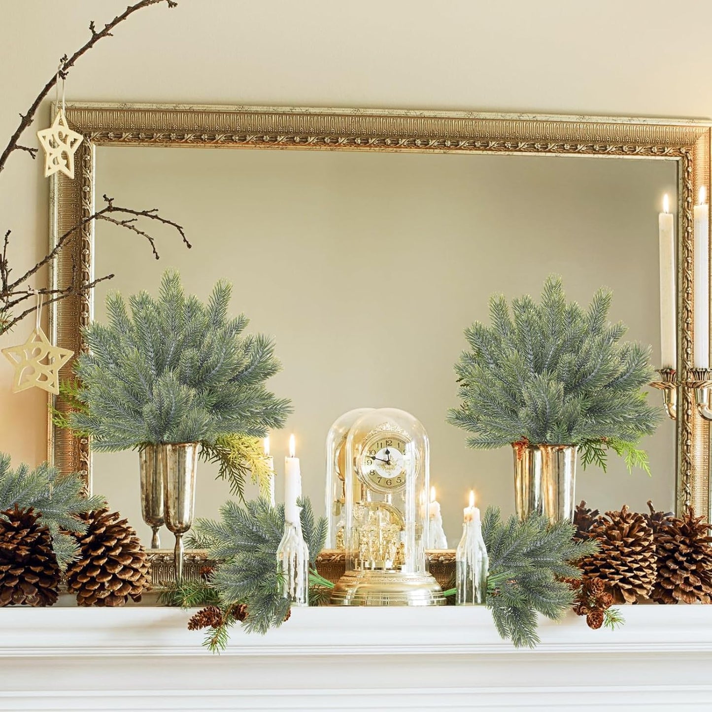 RECUTMS Artificial Pine Needles Branches Plastic Greenery Stems Soft Fake Plants Outdoor Leaves Picks Stem Boxwood UV Resistant Decor for Indoor Office Wedding (Dark Green)