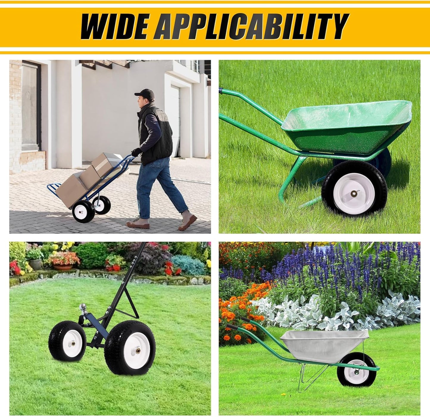 MZREXN 14.5" Wheelbarrow Tire Flat-Free 3.00/3.25/3.50/4.00-8" Solid Tire and Wheel with 3"-7" Centered Hub, 3/4" & 5/8" Bearings Replacement for Hand Truck/Dolly/Utility Cart/Garden Cart 1PCS White