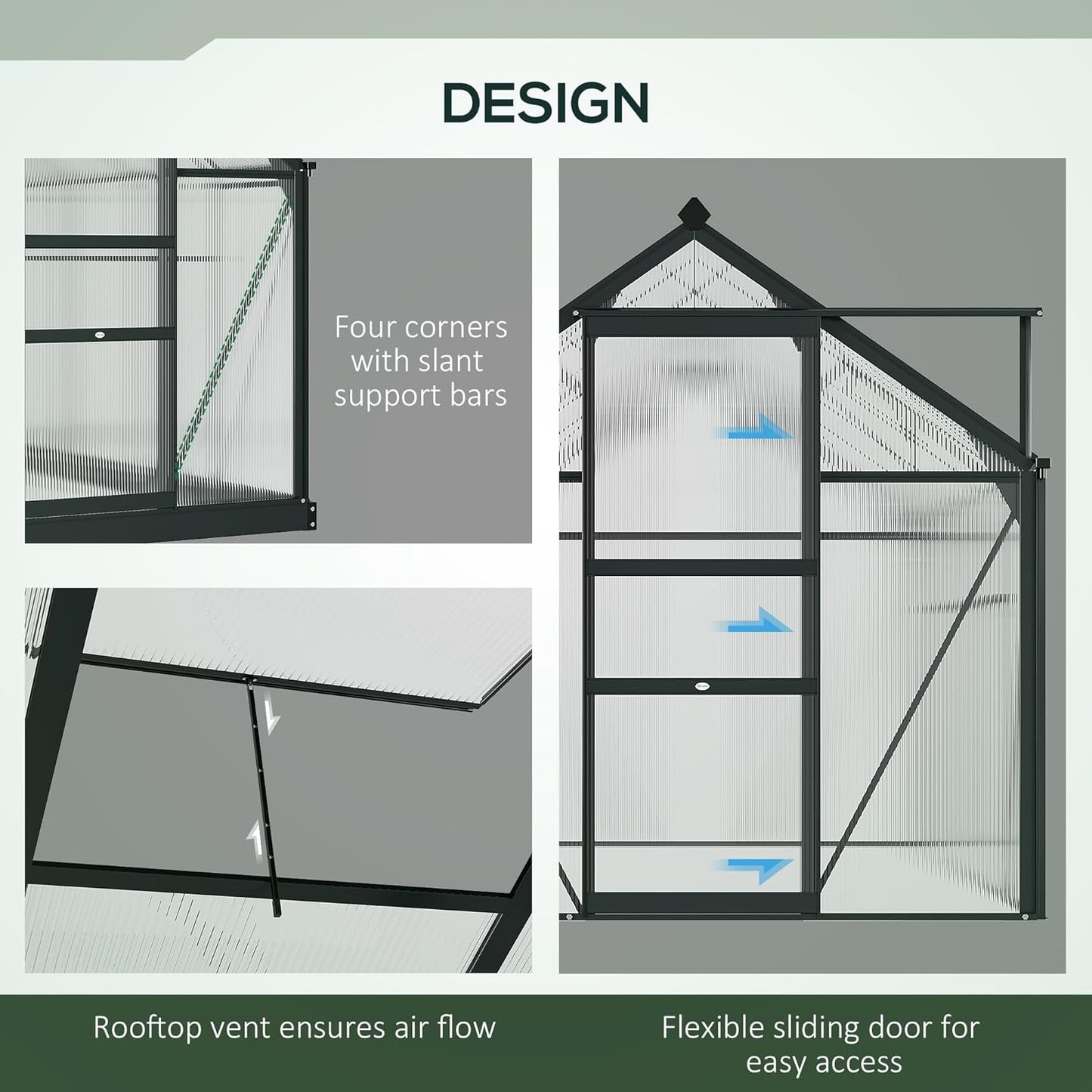 Outsunny 6' x 4' Greenhouse for Outdoors, Polycarbonate Greenhouse with Rain Gutter and Roof Vent, Aluminum Walk-in Green Houses for Outside for Patio Backyard Garden, Gray