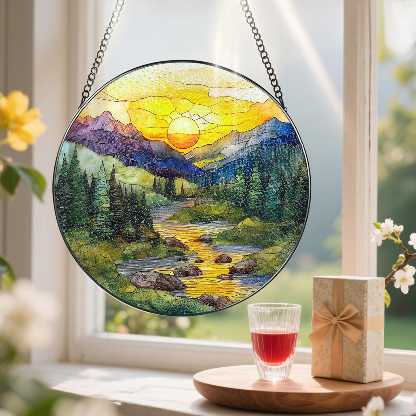 8-Inch Stained Glass Ornament, Nature Suncatchers for Window Hanging, Window Hanging Decor Suncatcher, Mountain Range Ornament | Holiday, Mother’s Day, Christmas, Housewarming | Gifts for Mom &Friend