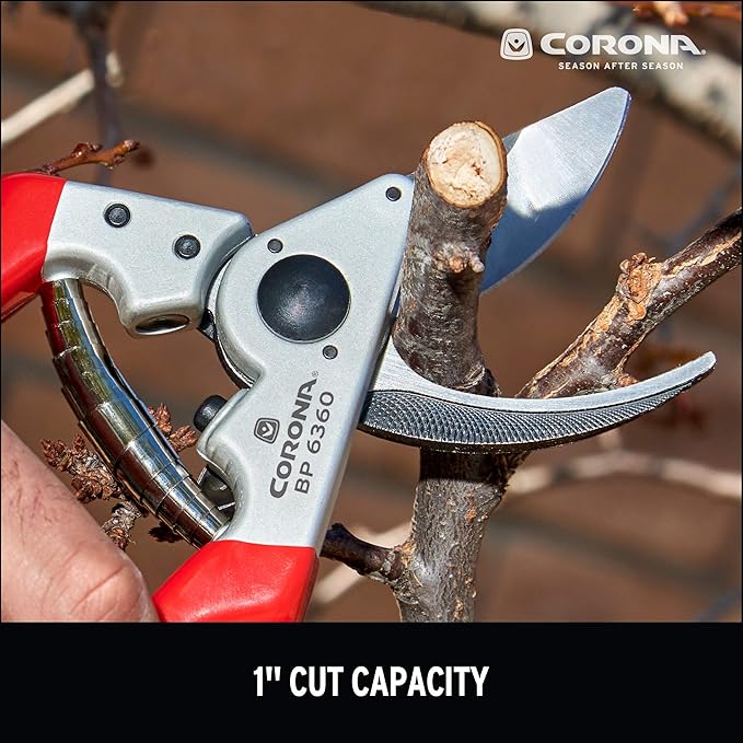 Corona BP 6360 Forged Steel Aluminum Handles Angled Bypass Hand Pruner - 1 inch Cut Capacity Stem and Branch Garden Shears, Red