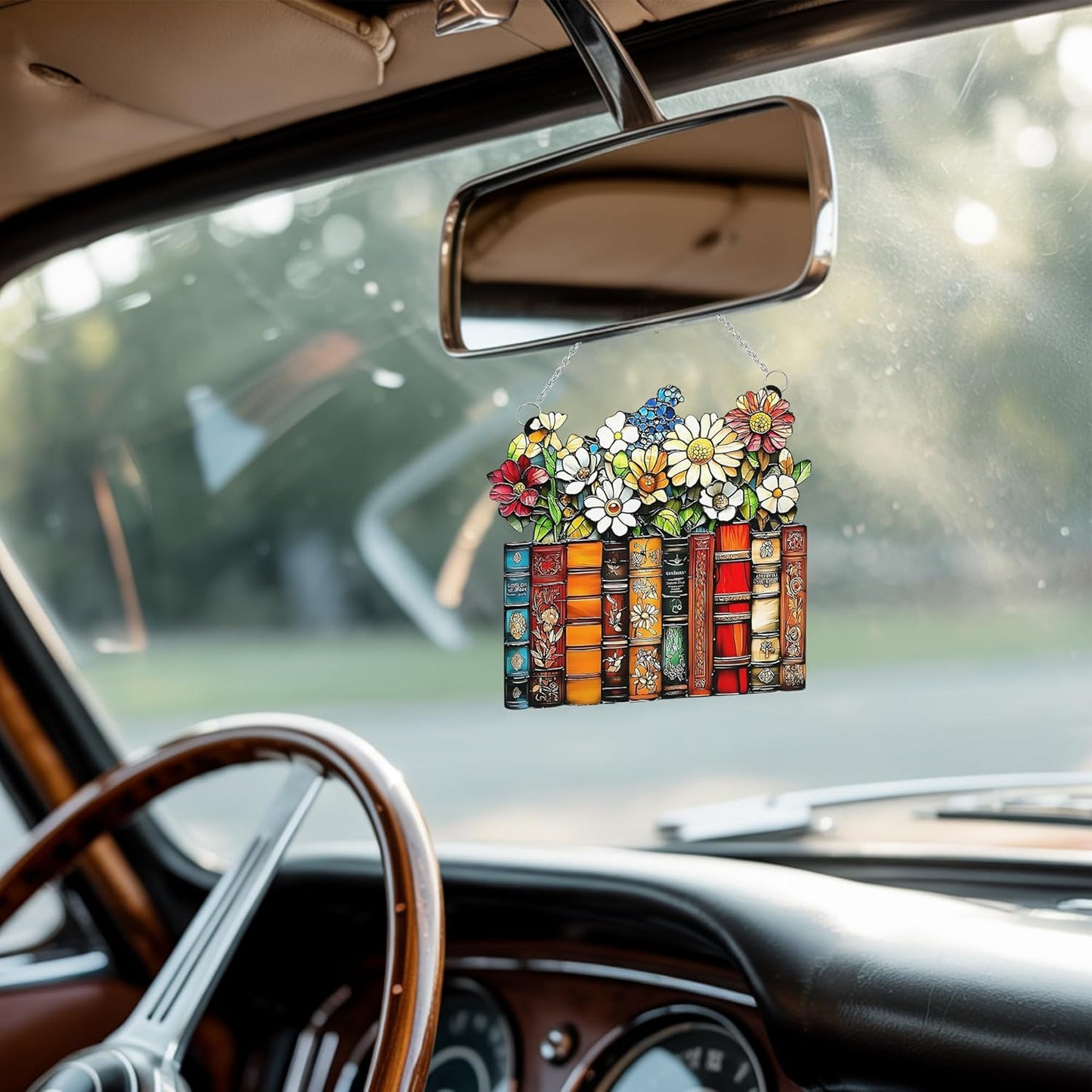 Floral Books Acrylic Suncatcher Stained Glass Effect Window Car Hanging Christmas Ornament Indoor Outdoor Decor Garden Bookworm Sun Catcher Gifts for Bookish Lover for Women Mom Grandma