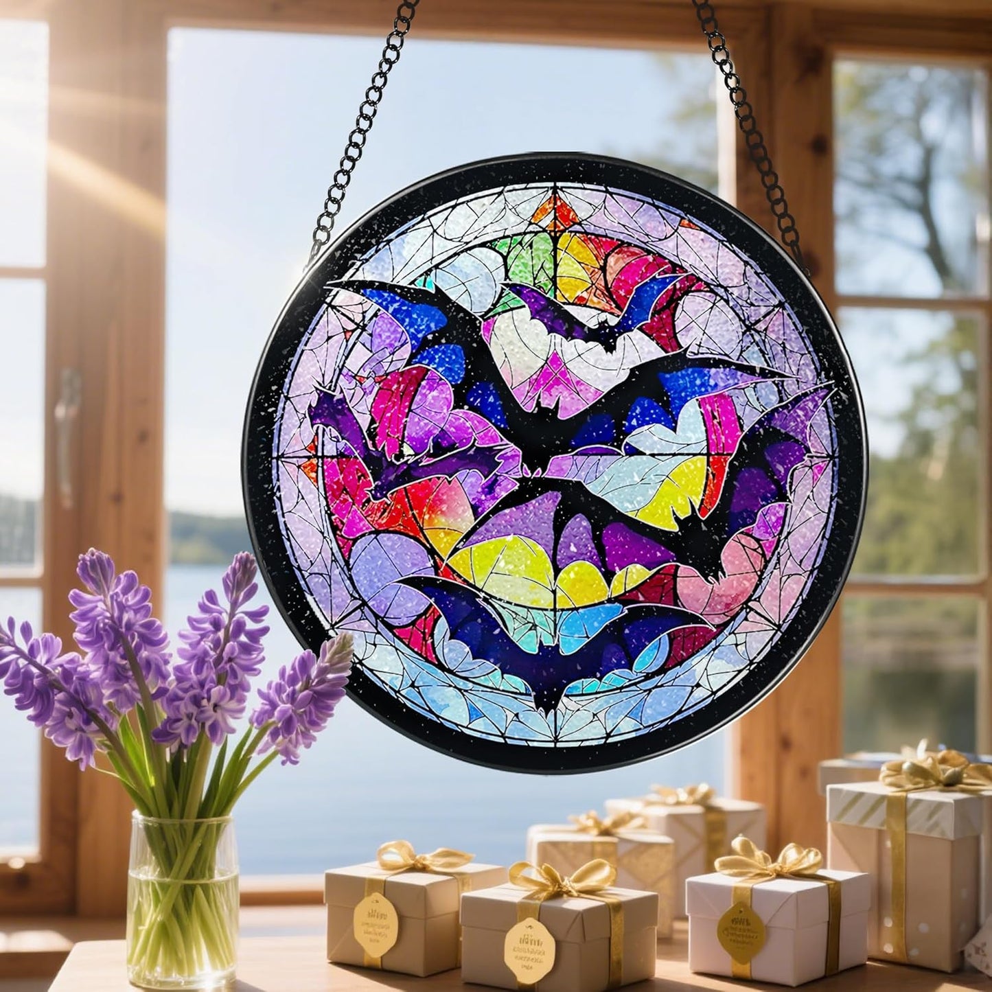 8 Inch Stained Glass Suncatcher Ornament, DOUHASU Bat Sun Catchers Indoor Window, Stained Glass Window Hanging, Home Decor, Bat Lovers Gifts for Him, Men