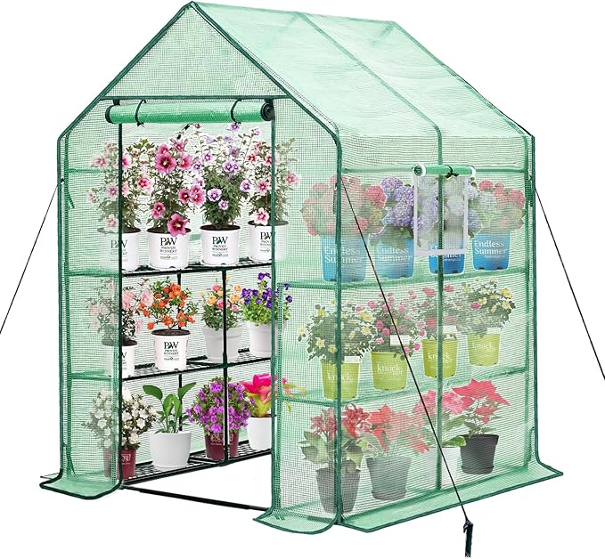 Walk-in Greenhouse w/ Roll-Up Zipper Door & Screen Windows-3 Tiers 12 Shelves 56x56x76β PE Greenhouse for Outdoor Gardening Plants Cold Frost Protection Wind Rain Proof(PLGHW002G-N)