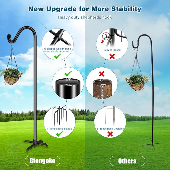 Gtongoko Adjustable Shepherds Hooks for Outdoor 76 Inch Bird Feeder Pole with 7 Prongs Base, 5/8 Inch Thick Heavy Duty for Hanging Bird Feeder, Plant Baskets,1 Pack