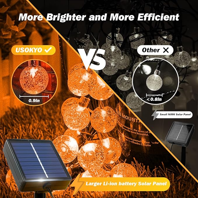 Solar Lights Outdoor Waterproof, 2 Pack Total 200LED 110FT Solar String Lights for Outside w/ 8 Modes, Outdoor String Lights Crystal Globe Patio Lights for Garden Yard Party Decor(Orange)