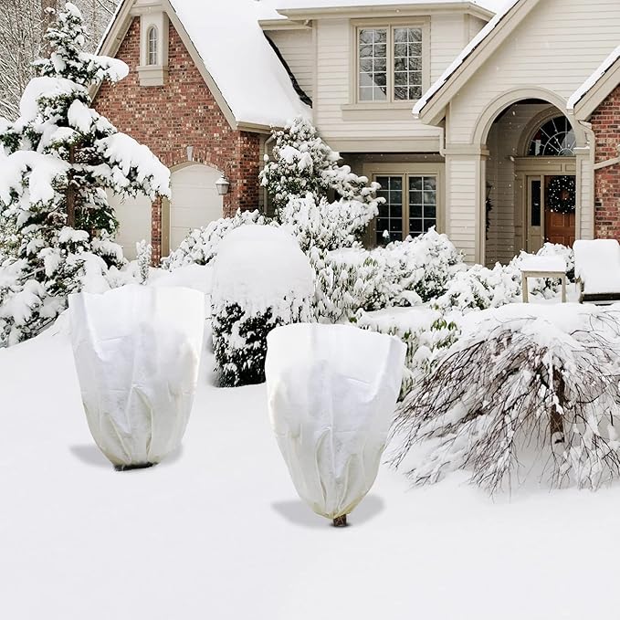 EZGOODZ White Winter Plant Covers Freeze Protection, 31.6 x 47 Inch. Pack of 2 Plant Winter Cover Protection with Drawstring. Tree Plant Protectors for Winter. Lightweight Anti Frost Plant Cover