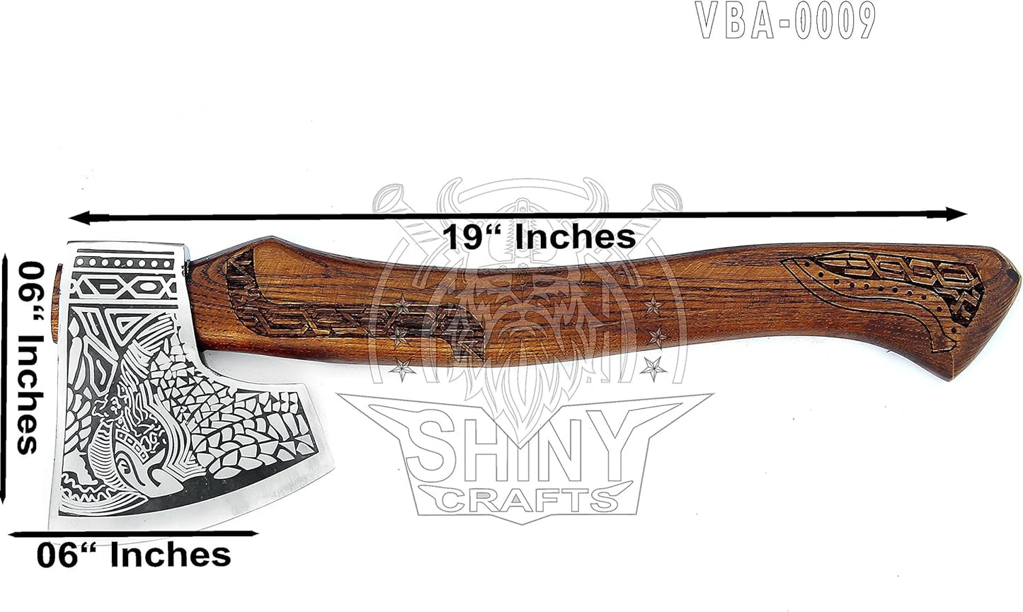 SHINY CRAFTS® Handcrafted Viking Axe – Nordic Engraved Blade with Wooden Handle Unique Gift for Men, Collectors, and Fantasy Enthusiasts (VBA-09)