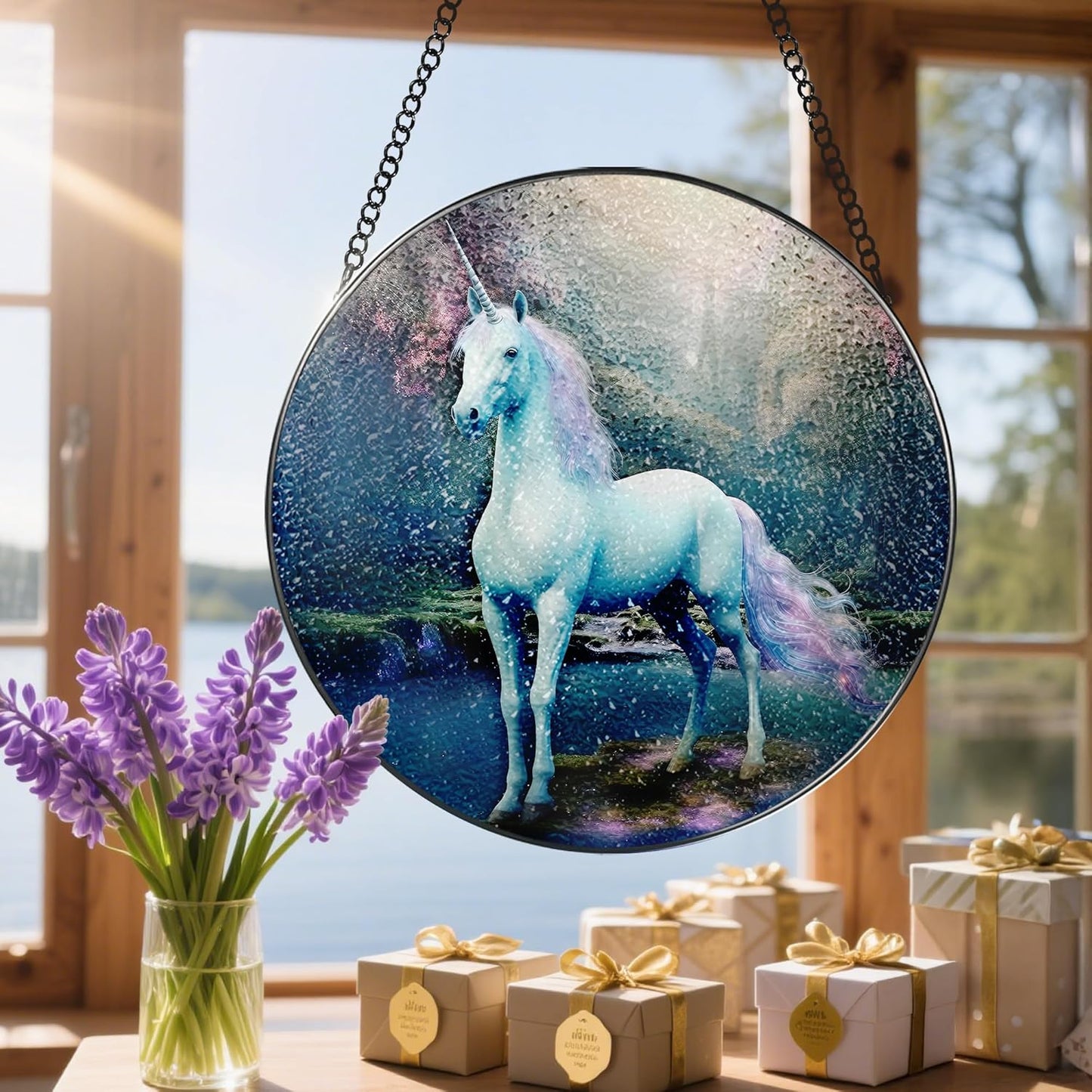 8″ Stained Glass Window Hanging Ornament, Unicorn Stained Glass Suncatcher Ornament, Sun-Catcher Window Decor | Christmas & Birthday Gifts, Festival Gift | Gifts for Women & Her