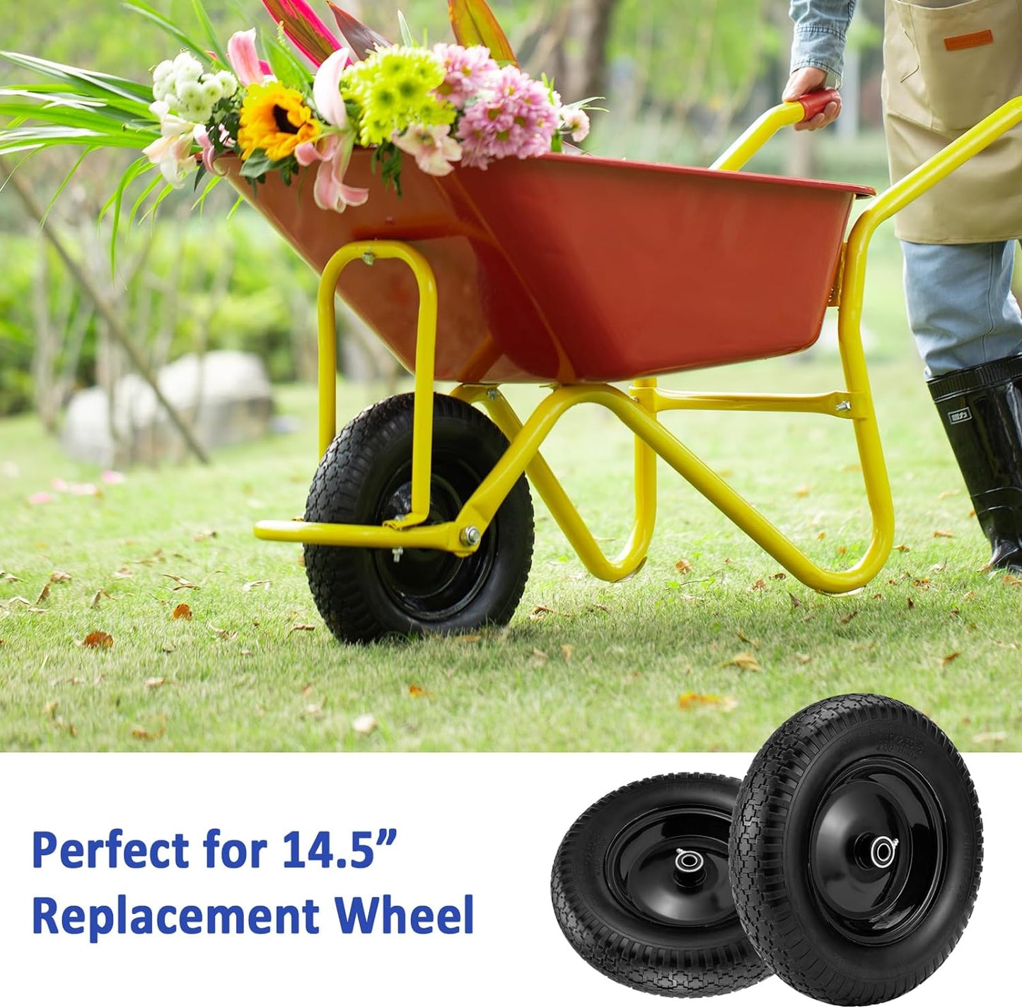 4.80/4.00-8" Flat Free Wheelbarrow Tire, 14.5" Wheel Size, 5/8" Axle Bore, 3" Center Hub, 3/4" Bearings, Universal Replacement Solid Tire for Hand Truck/Cart (Black)