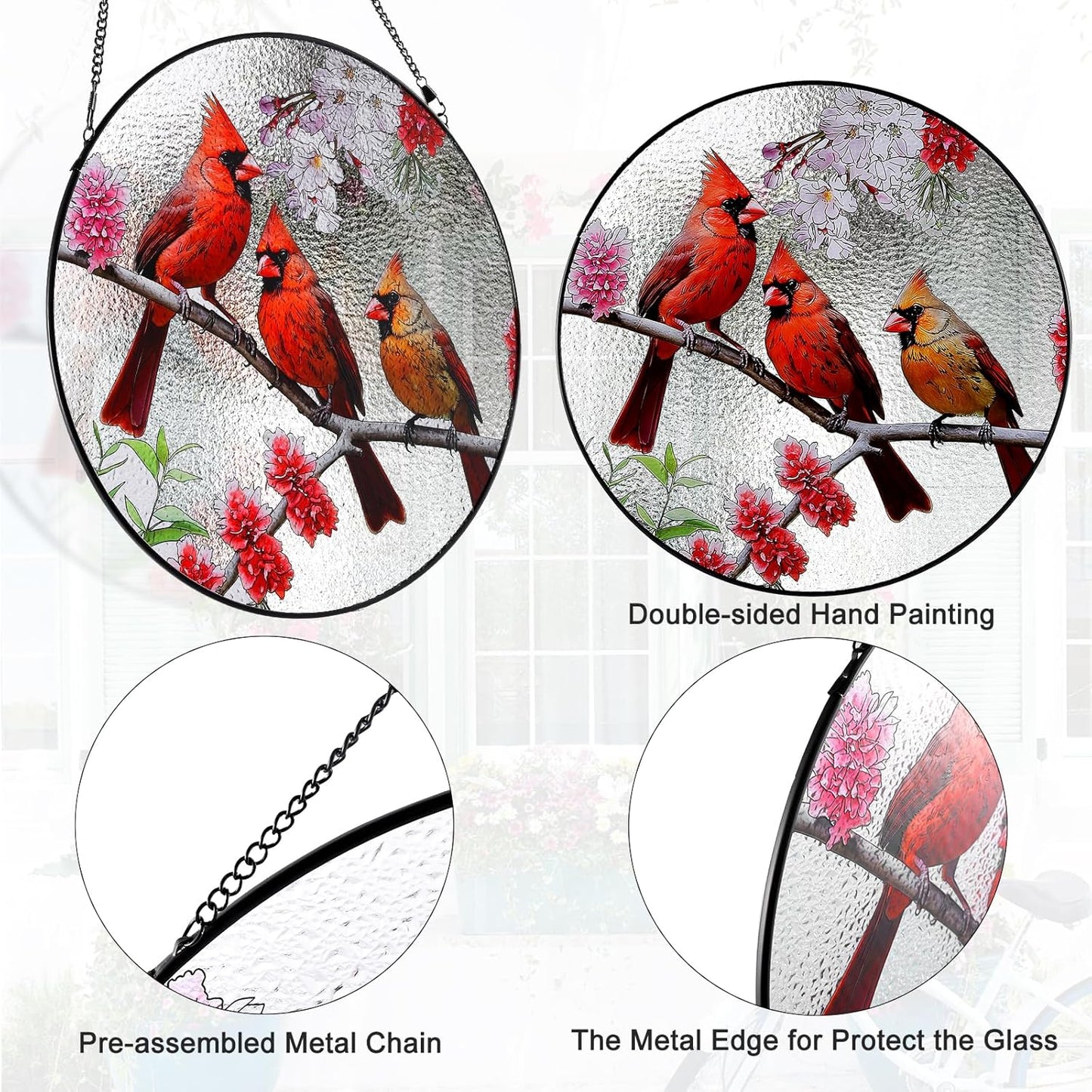 Large Cardinal Stained Glass Suncatcher,Stained Glass Decor with Metal Chain,Butterfly Suncatcher for Window Hanging (Cardinal_03)