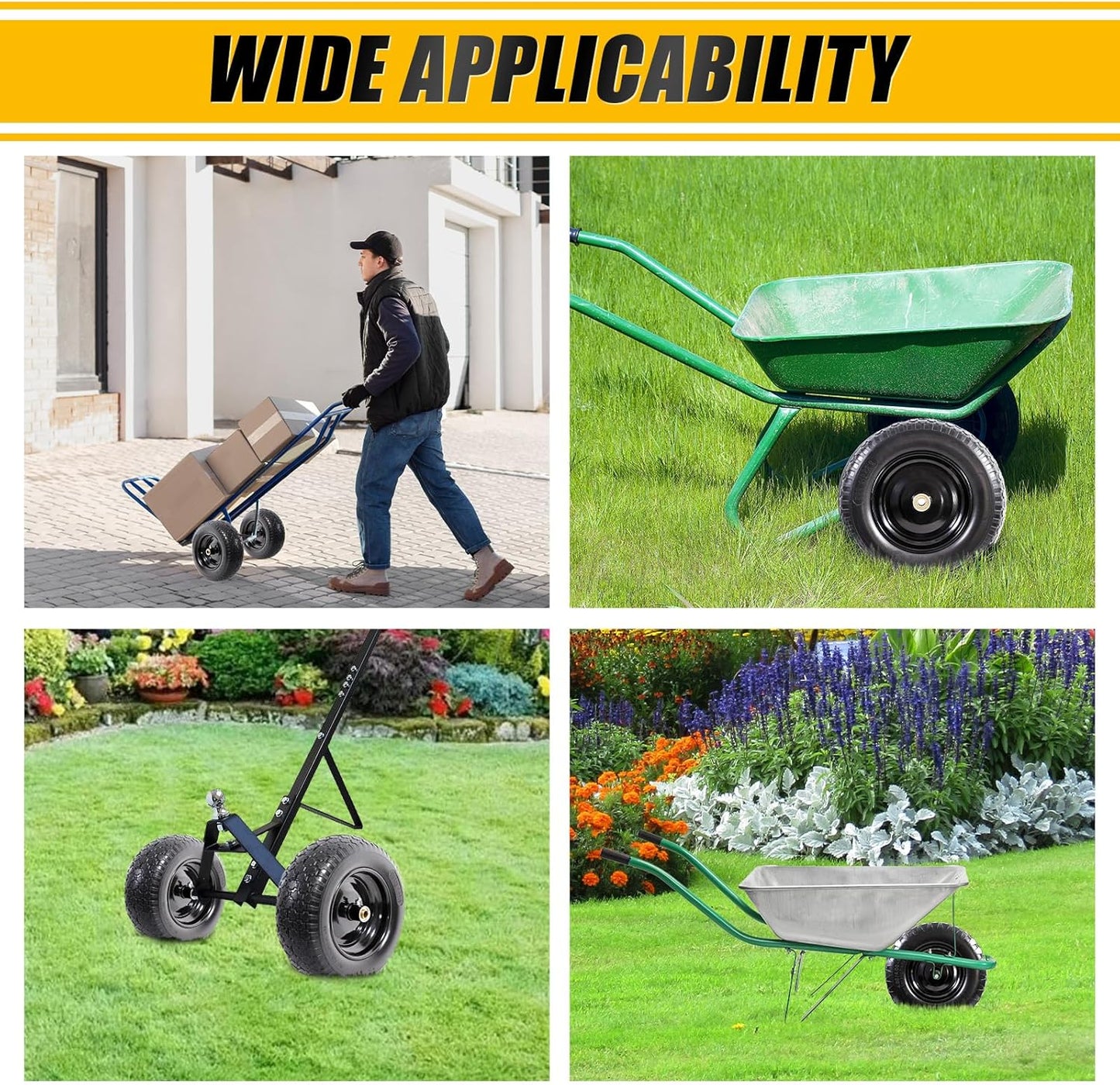 MZREXN 14.5" Wheelbarrow Tire Flat-Free 3.00/3.25/3.50/4.00-8" Solid Tire and Wheel with 3"-7" Centered Hub, 3/4" & 5/8" Bearings Replacement for Hand Truck/Dolly/Utility Cart/Garden Cart 2PCS Black