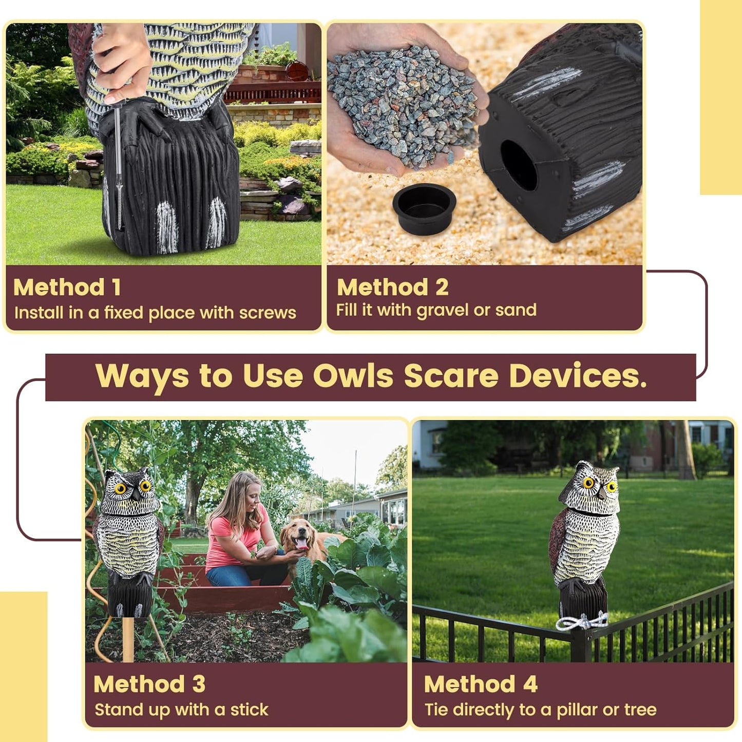 Fake Owl Decoys to Scare Birds Away, Waterproof 360° Rotating Head Hawks & Squirrel Deterrent, Patio Decoration Pest Control, Garden Owl Decoy for Outdoor Yard Patio Pools