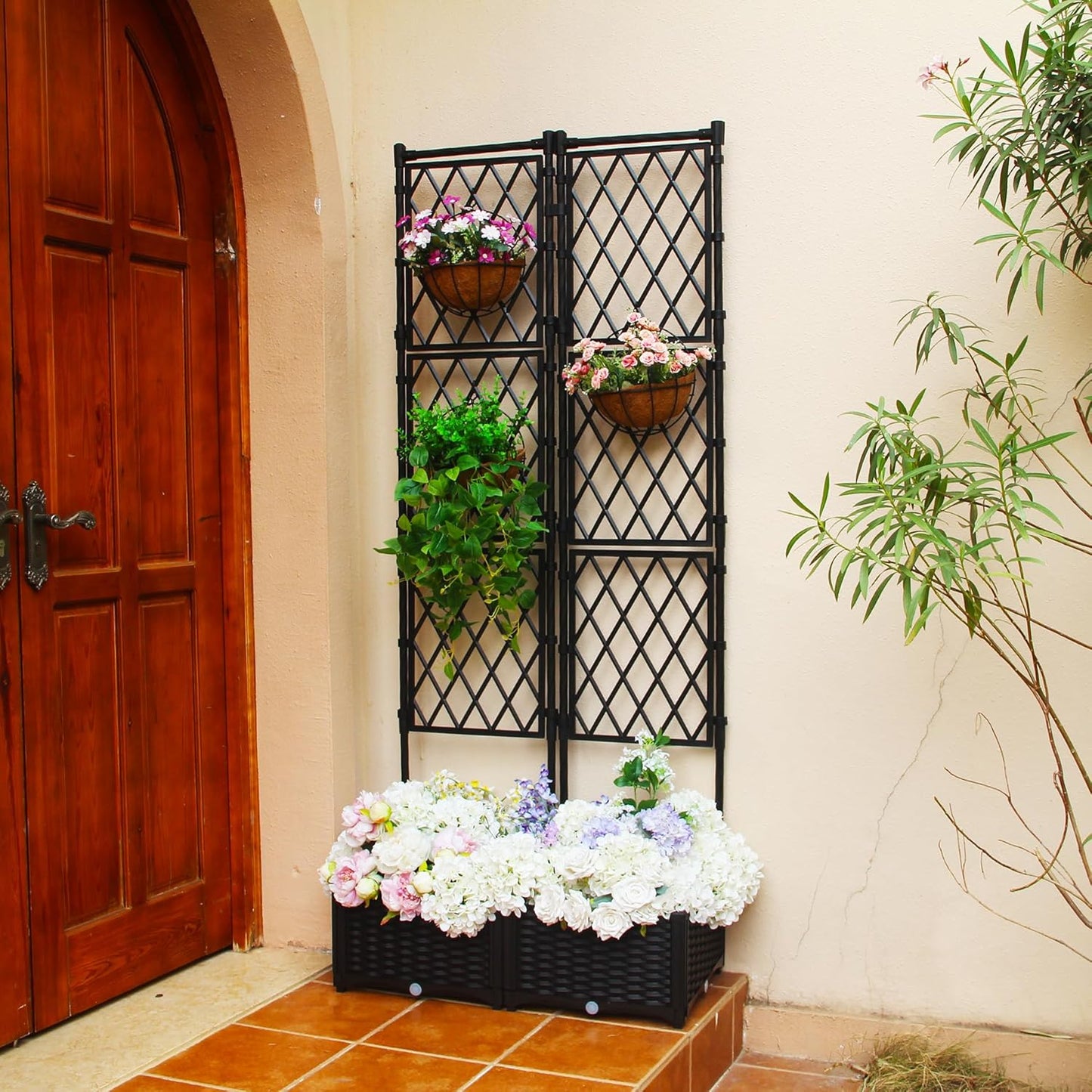 Planter with Trellis - Raised Garden Bed with Trellis 70.9" H x 31.5" L x 15.7" W, Privacy Screen Planter Box with Drainage Hole, Outdoor Raised Garden Bed for Climbing Plants Metal+PE Coated