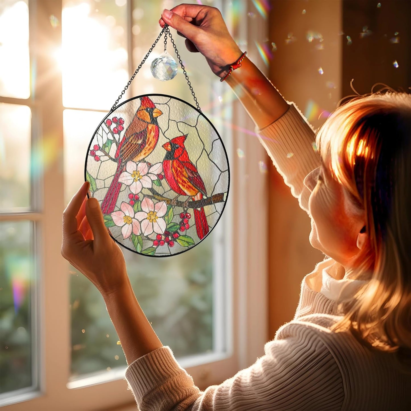 7.8" Cardinal Bird Stained Glass Suncatchers Crystal Art Glass Birds and Flowers for Sun Catcher Indoor Window Floral Gifts for Women Mom Grandma Nature Lovers Friend Painted Panel Décor BIRD-66B-SG8