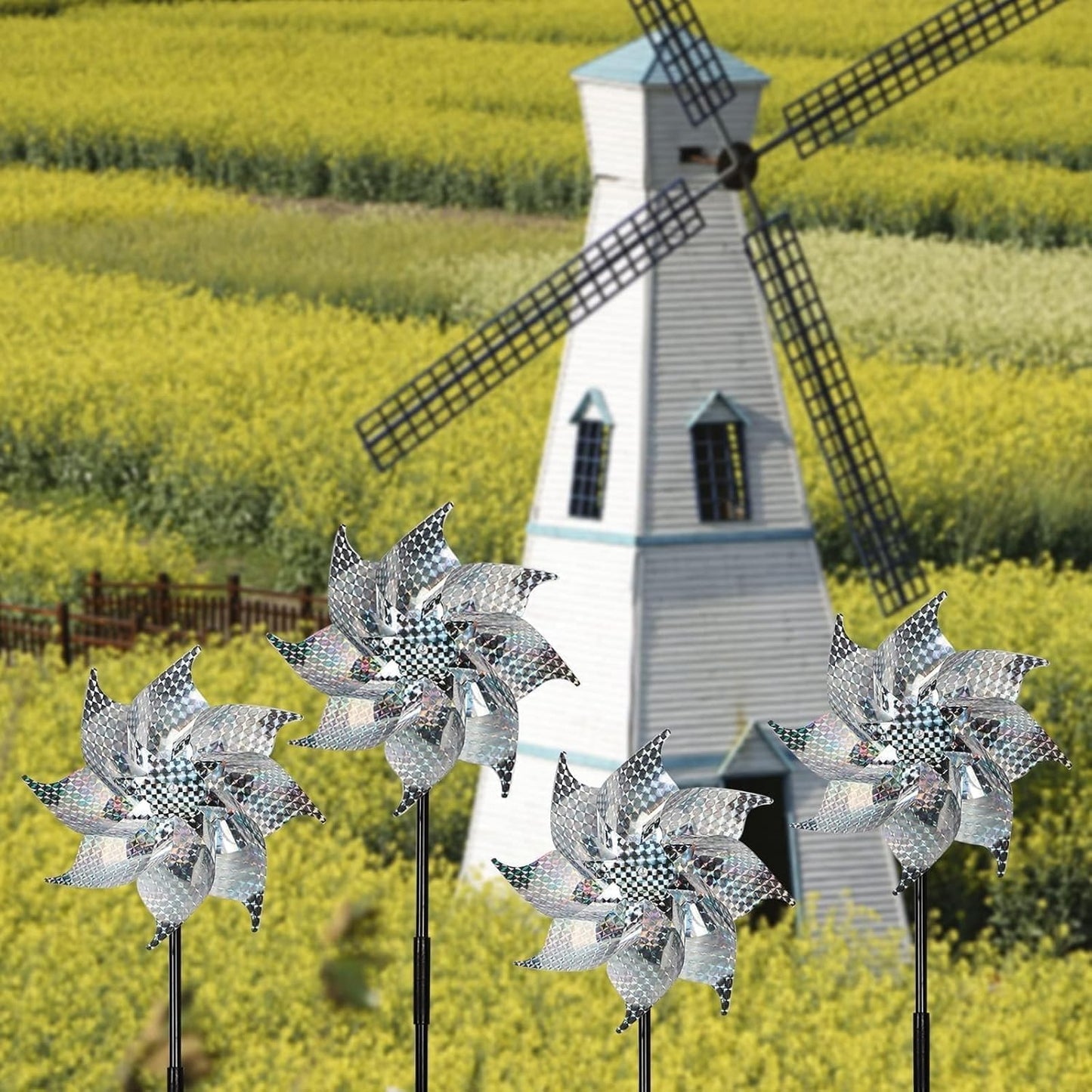 15 Pack Reflective Pinwheels with Stakes, 18.5" Plastic Bird Blinder Sparkly Pin Wheel Scare Birds and Animals Away Spinner Pinwheels for Lawn Yard Garden Farm