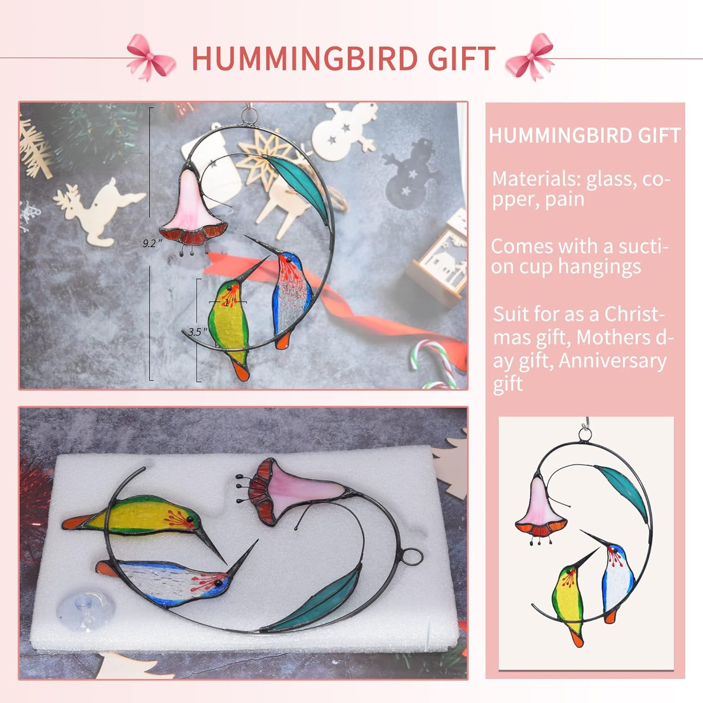 Lolitarcrafts Hummingbird with Flower Stained Glass Suncatcher Bird Stained Glass Window Hangings Hummingbird Gift for Home Decor (Green and Blue)