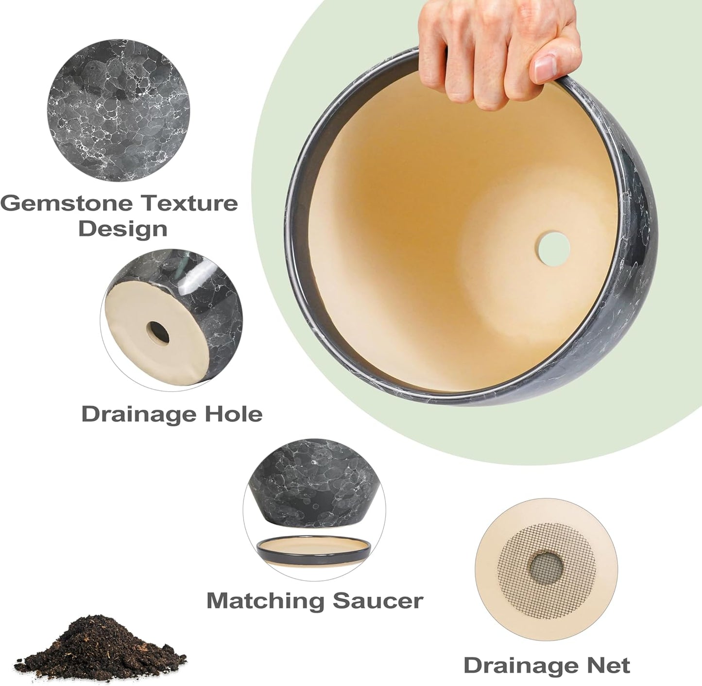 6 Inch Plant Pot - Ceramic Planter for Indoor with Drainage Hole and Saucer, Round Succulent Pot, Modern Flower Planters, Home Room Garden Office Decor, Gardening Gifts for Women, Grey