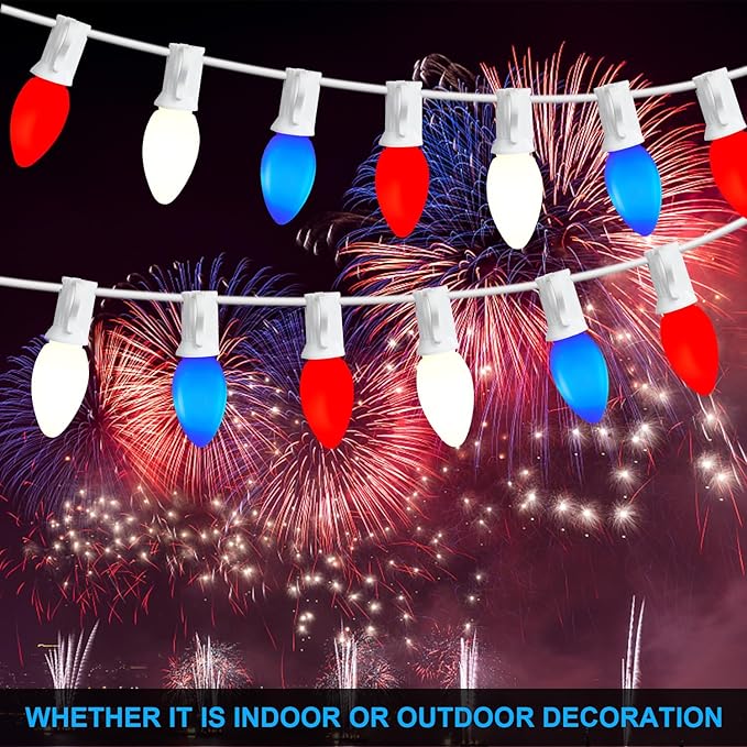 45.6 FT 4th of July Decorations Lights Outdoor, C7 LED Red White and Blue Lights String with 46 Bulbs(6 Spare), Patriotic Decor Light for Memorial Day Independence Day Patio Garden Backyard Bistro