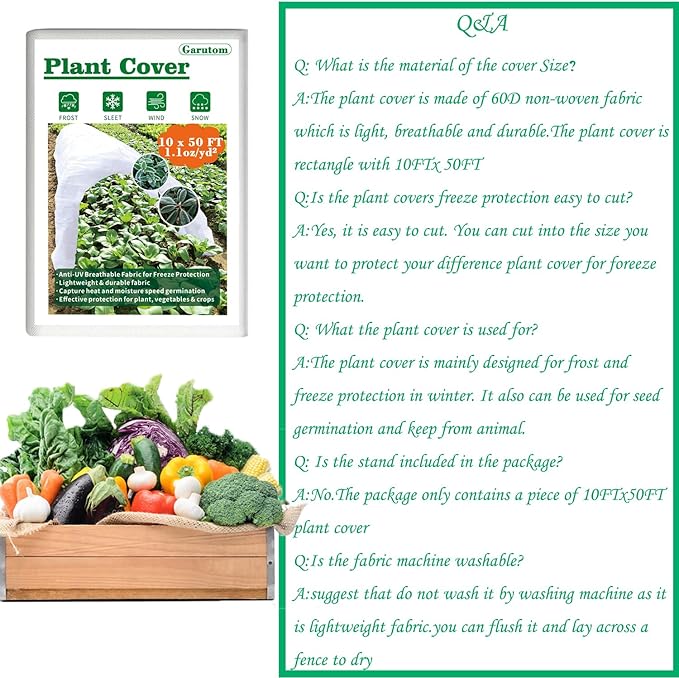 Plant Covers Freeze Protection 10ft x 50ft 1.1 oz Frost Cloth Plant Freeze Protection, Frost Blankets for Outdoor Plants Winter or Floating Row Covers Shade Cloth for Gardens, Vegetables