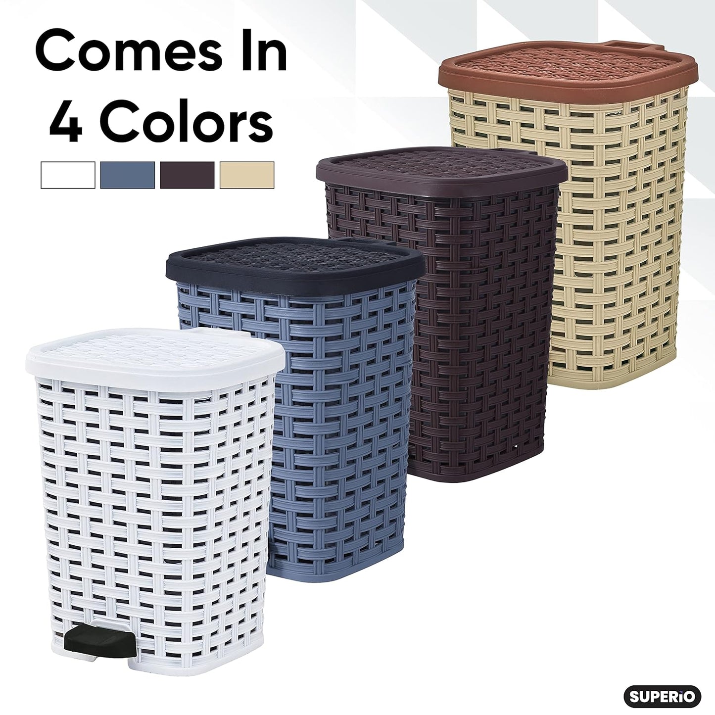 Superio Small Outdoor Trash Can with Lid for Dog Poop 6.8 Gallon/26 L Plastic Step On Garbage Can with Foot Pedal for Bathroom, Bedroom, Office, Patio, Wicker White
