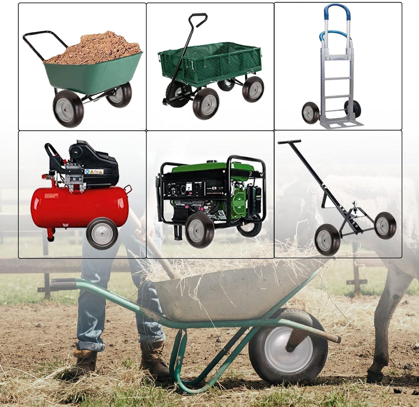 Universal Wheelbarrow Tire Flat Free 14.5"D x 3.2"W, Fits 4.80/4.00-8, 3.50/2.50-8, 4.00-6, 4.00-8 Wheelbarrow Wheels, installed 5/8" Bearing with Extra 3/4" Bearing,3"- 6" Center Hub (2 Pack)