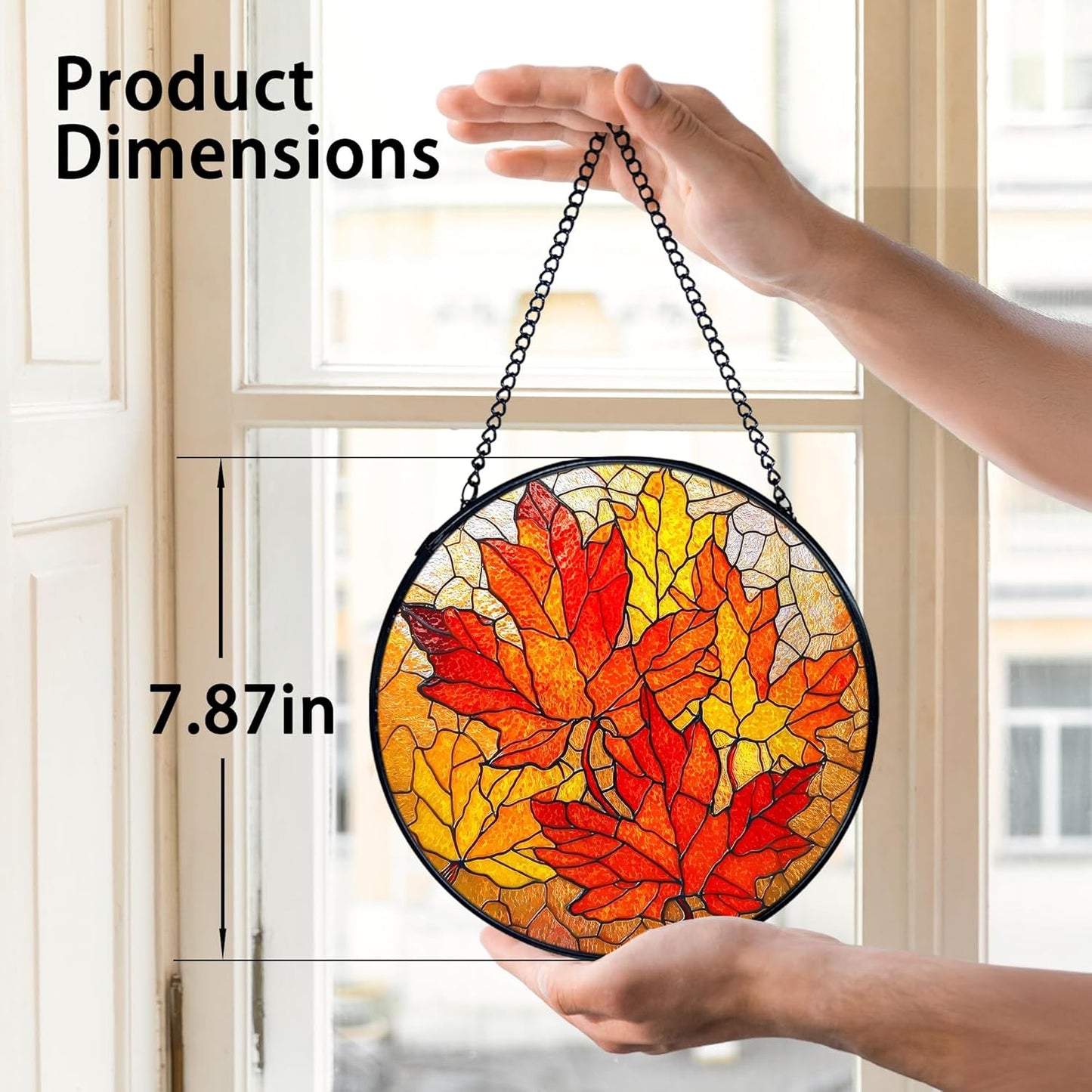 TNUW Fall Leaf Stained Glass Window Hanging, Rustic Autumn Maple Leaves Sun Catchers Indoor Window Glass Round Wall Art Decor, Fall Autumn Wall Hanging Decorations, 7.9"x7.9"