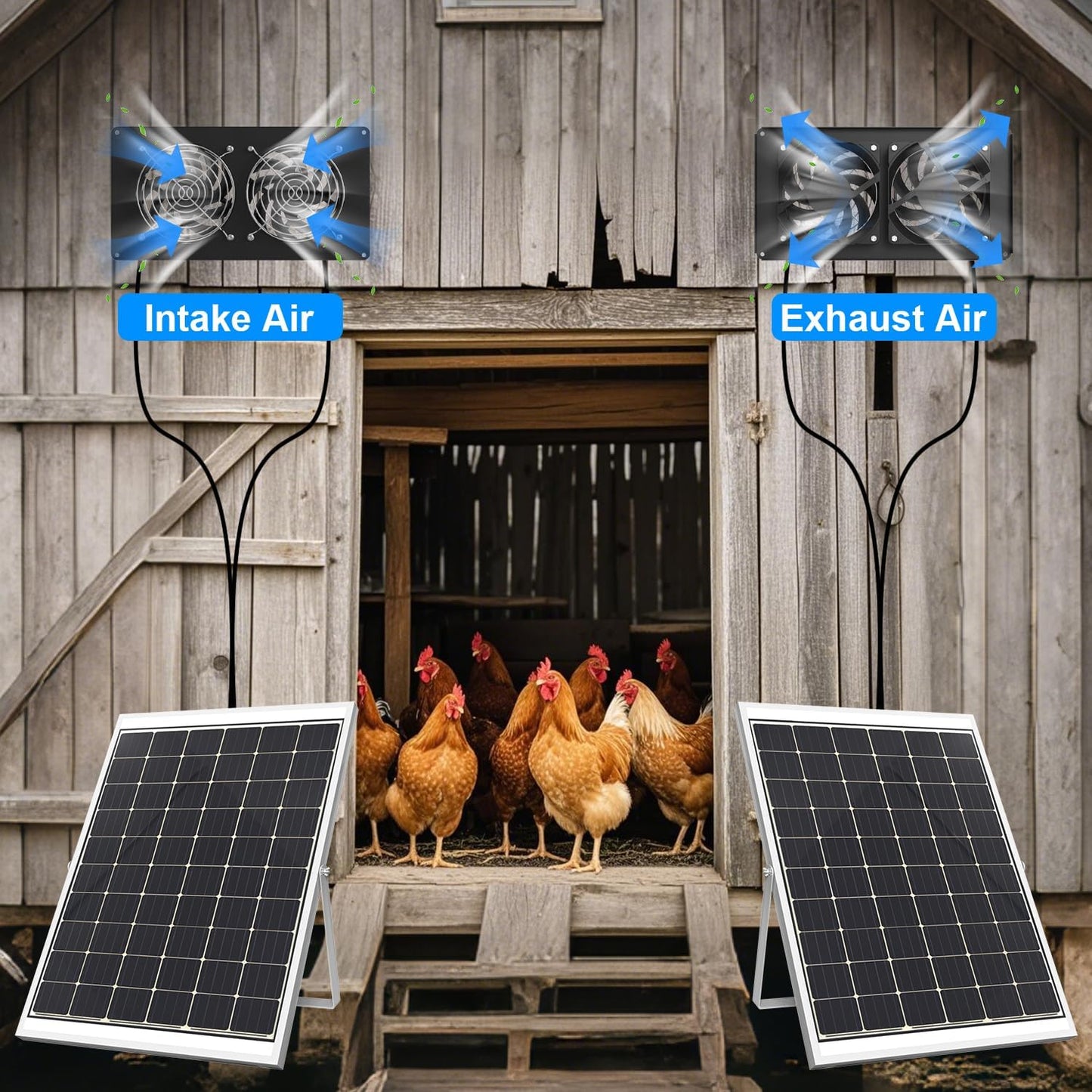 25W Solar Powered Exhaust Fan, Ultra Durable Dual Mental Shell Ventilation for Chicken Coops, Pet Sheds, Dog Houses and Greenhouses - High Speed Airflow, Energy Saving, Waterproof Plug & Play