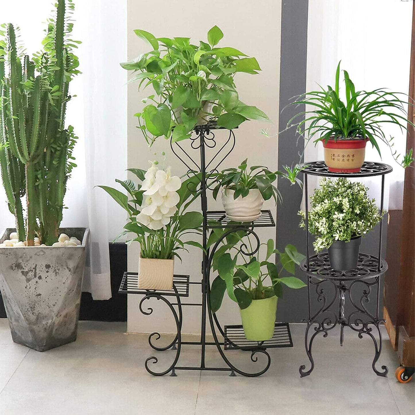 OwnMy Heavy Duty 2 Tiers Cast Iron Plant Stand, Vintage Iron Flower Pot Holder, 2 Layers Tall Decorative Potted Plants Stand Rack, Indoor Outdoor Large Plant Holder for Garden Patio, Retro-Brown