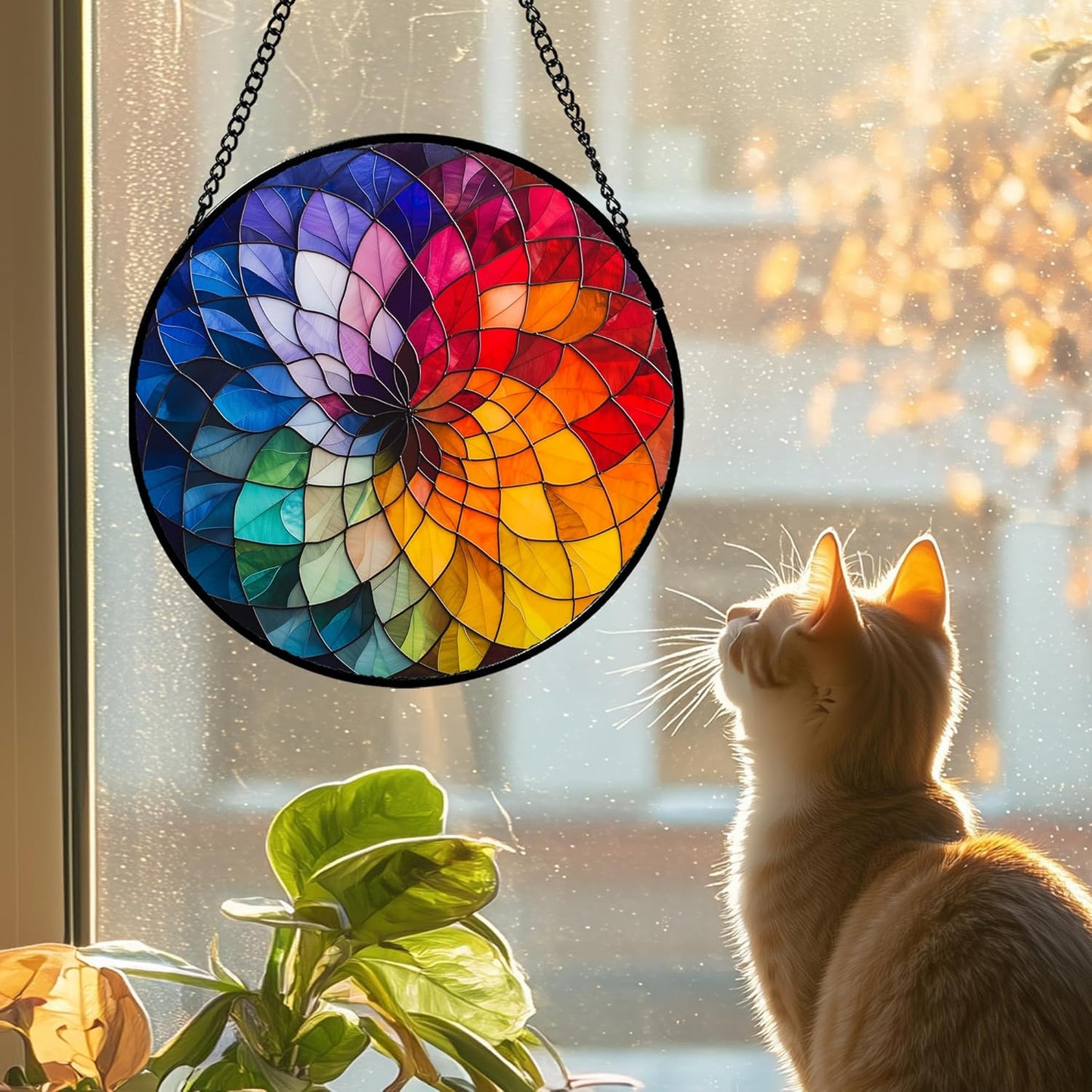 Stained Glass Window Hanging - Colorful Flowers Sun Catcher for Door Terrace Garden Home Decor, Abstract Gradient Suncatcher Birthday Gifts for Lovers Women Men Dad Mom Nana 15 in