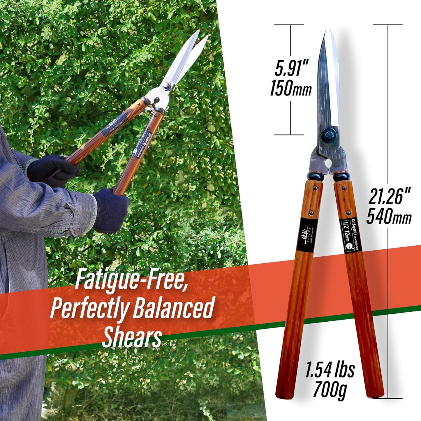 SUIZAN Hedge Shears 21.3" - Professional Japanese Garden Clippers for Precise Trimming Gardening Tools