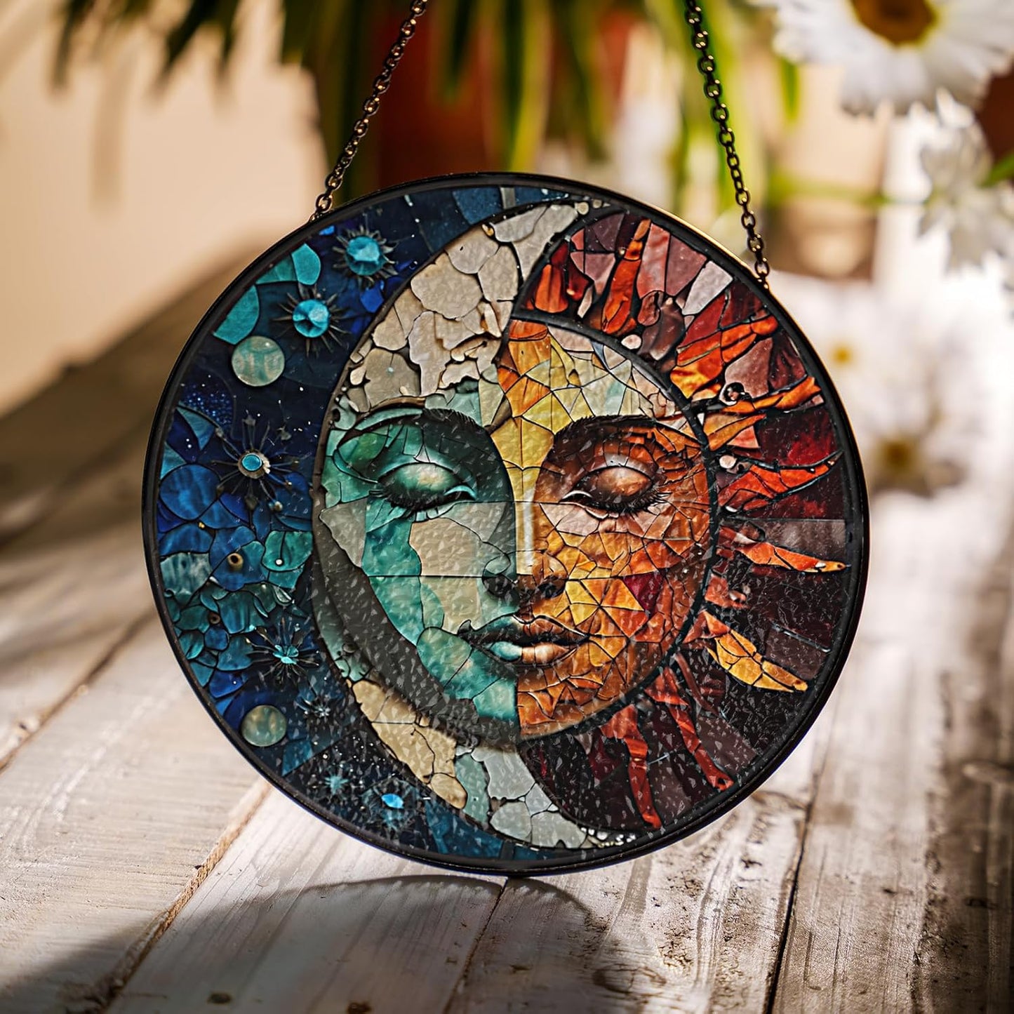 7.8" Sun and Moon Stained Glass Suncatchers Art Glass Celestial for Sun Catcher Indoor Window Gifts for Pet Animal Nature Galaxy Lovers Women Grandma Mom Friend Painted Glass Panel Décor ART-04E-SG8
