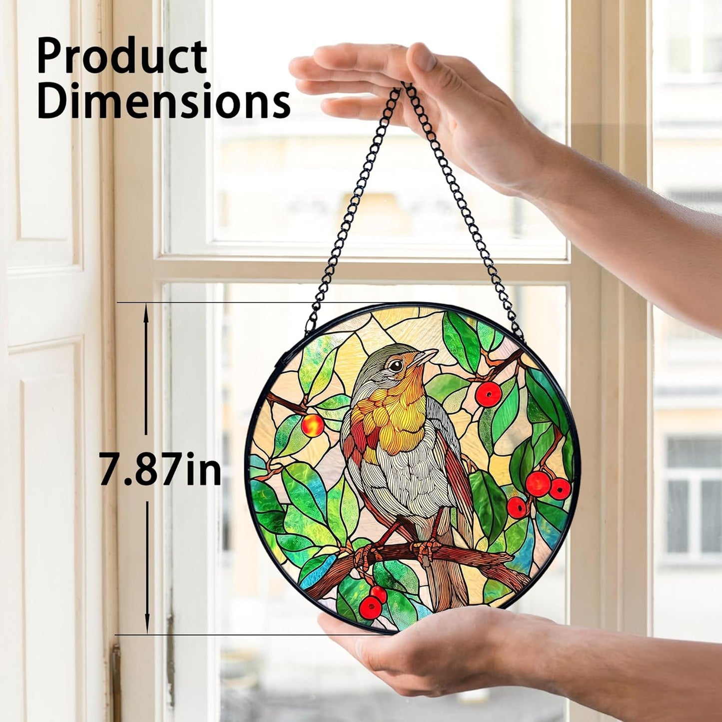 TNUW Bird Stained Glass Window Hanging, Bird Botanical Sun Catchers Indoor Window Glass Round Wall Art Decor, Birds Lover Gifts Wall Hanging Decorations, 7.9"x7.9"