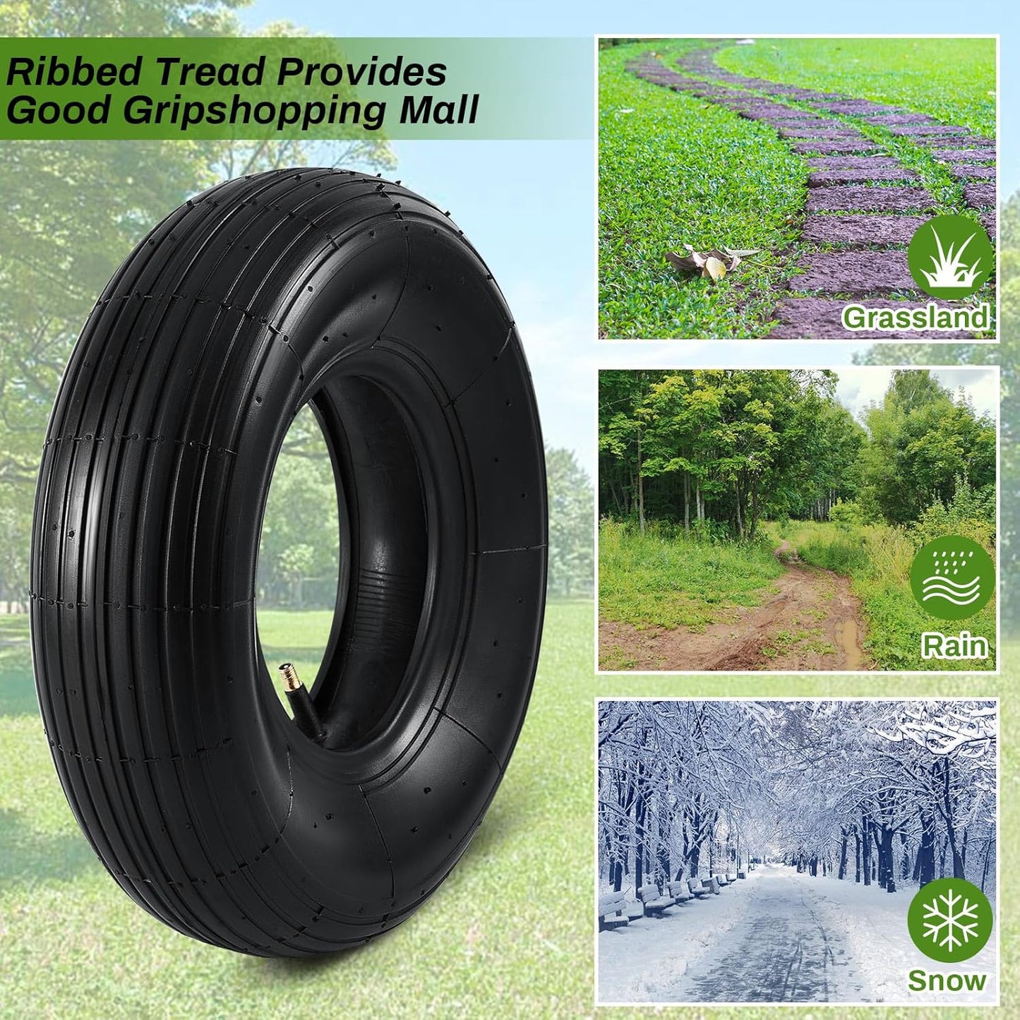 4 Sets 13'' 4.00-6 Replacement Tire and Inner Tube Set Heavy Duty 4.00-6 Tire and Wheel with TR13 Straight Valve Stem and Ribbed Tire Treads, for Wheelbarrow Trolley Garden Wagon Wheels