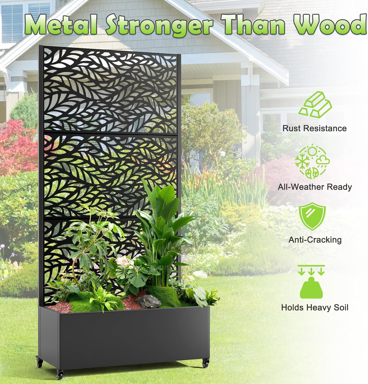 15.7"×70.9"×35.4" Metal Raised Garden Bed with Trellis and Wheels - Tall Trellis Planter Box for Climbing Plants, Vegetables & Vines - Outdoor Privacy Planters for Patio (Black-Spring)