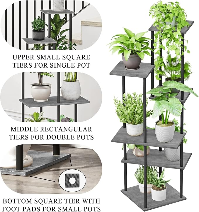 Plant Stand Indoor 6-Tier Metal Wood Plant Shelf for Multiple Flower Pots Corner Tall Flower Holders for Living Room Balcony Bedroom, Oak Grey
