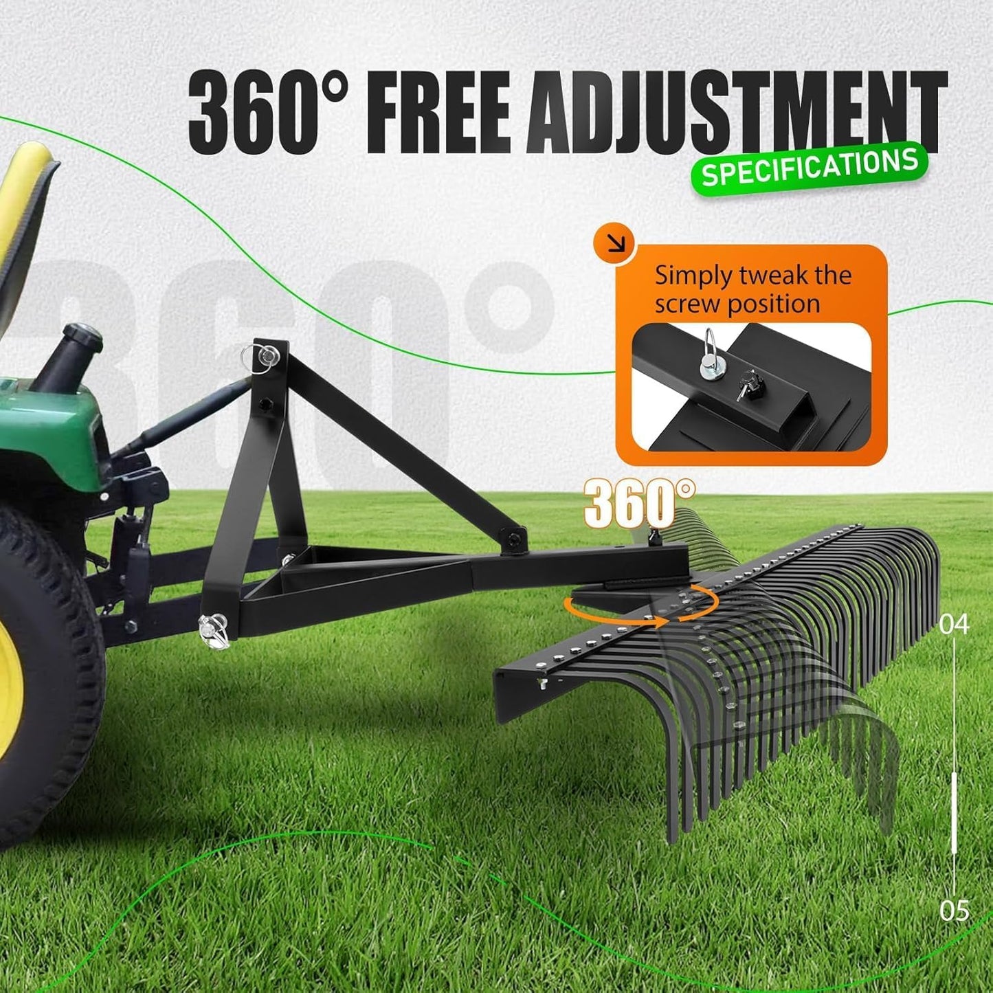 KUAFU 60" Landscape Rake, 3 Point Rake 360 Rotation Compatible with Category 1 Cat1 Compact Tractors Tow-Behind Garden Tool for Garden, Farm, Clearing Brush, Raking Arenas 2 Package Black